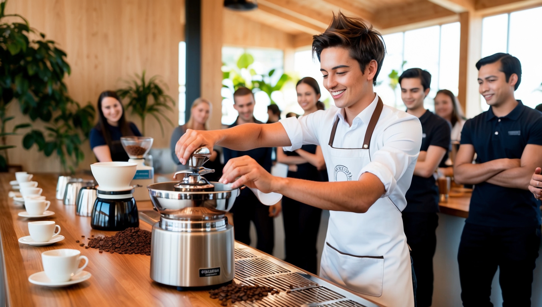 Szakmai barista bemutatja a kávédarálás technikáját karos darálóval lépésről lépésre