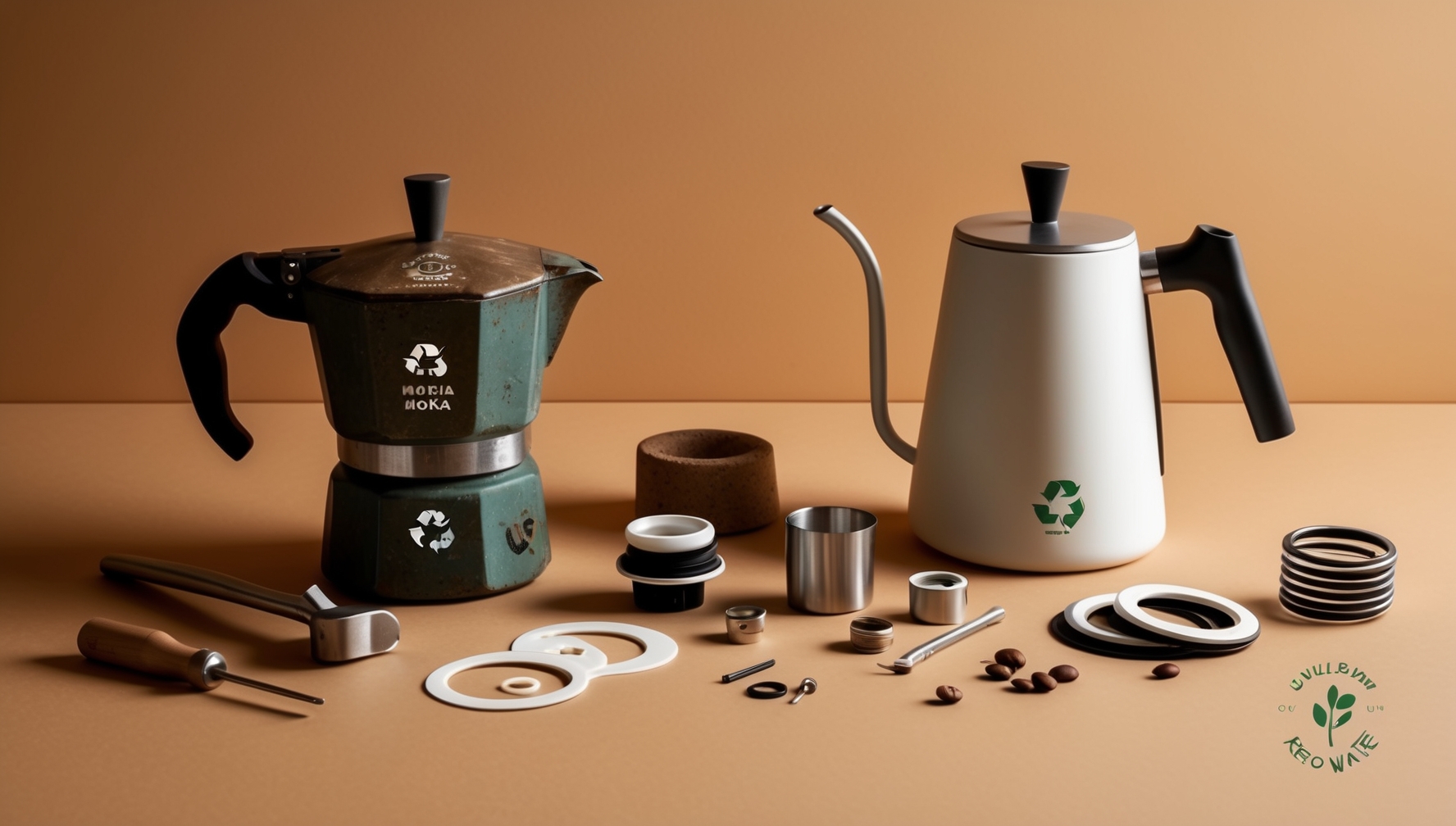Fenntartható kávéfőzés koncepciója régi és új kotyogósokkal, javítóeszközökkel és környezettudatos elemekkel