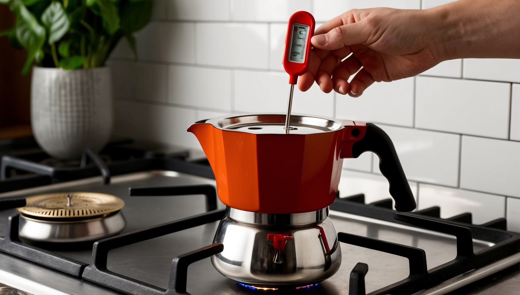 Hőmérséklet szabályozás demonstrációja kotyogós kávéfőzővel hőmérővel és megfelelő lángállítással