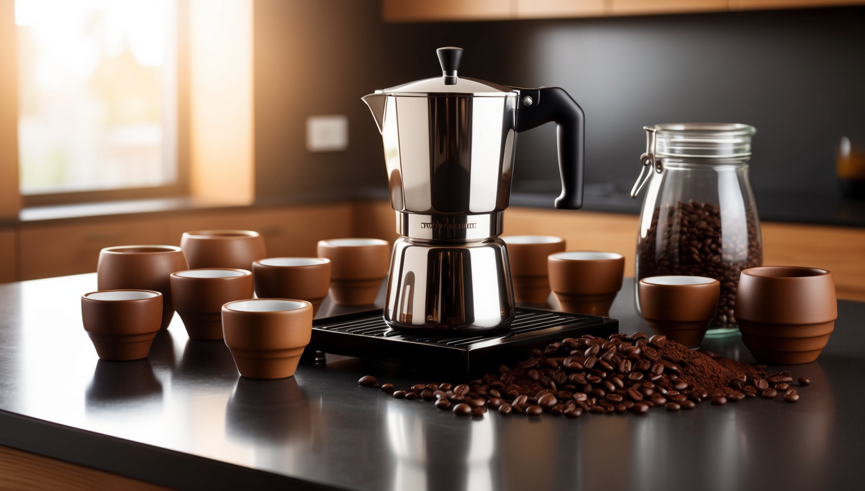 Prémium kotyogós kávéfőző intenzív napi használat során modern konyhában több kávéscsészével