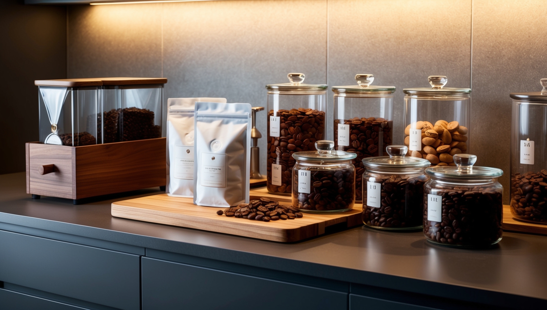 Kávé tárolási rendszer légmentes tárolókkal, dátumozott címkékkel és frissességi mutatókkal