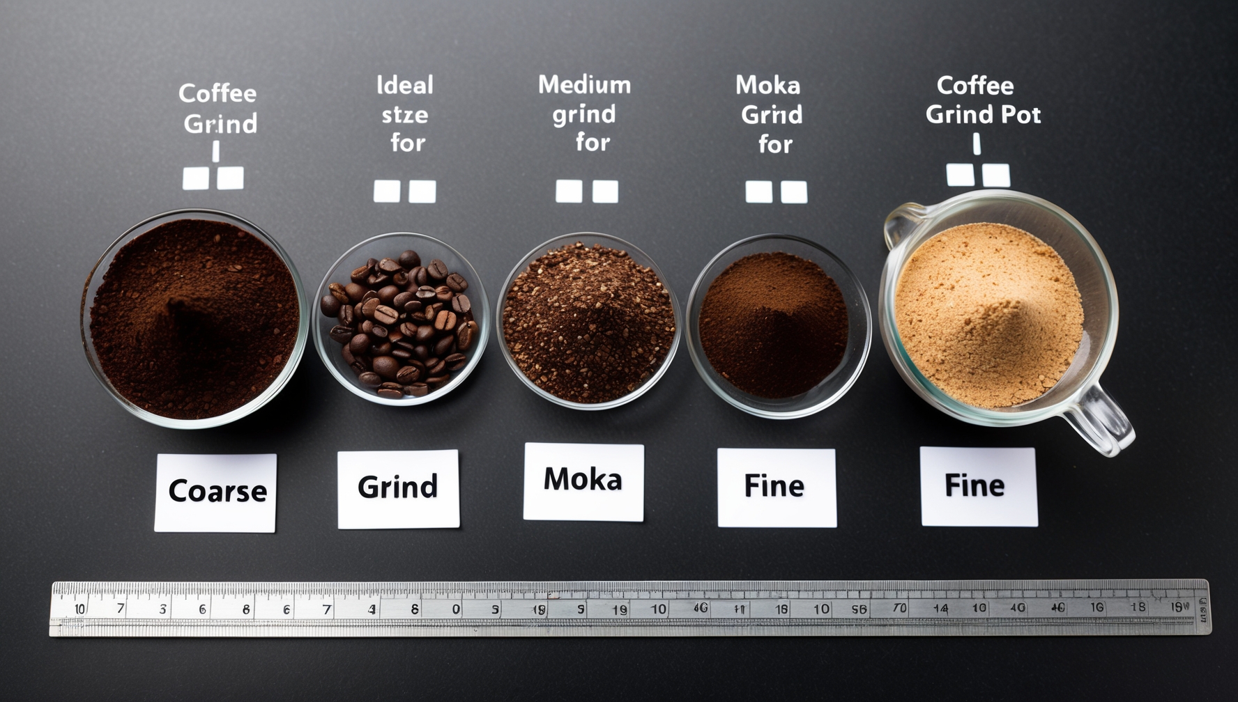 Különböző kávé őrlési fokozatok részletes összehasonlítása makrófotográfiával és vonalzóval a méretekhez
